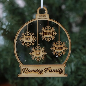 Personalized Snow Globe Christmas Ornament  Unique Your Family Members Names on Snowflakes Laser Engraved up to 7 Names