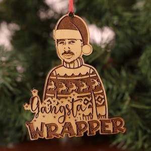 2PAC Tupac Christmas Ornament Gangsta Wrapper in a Santa hat and Ugly Christmas Sweater Laser Engraved Wooden Holiday Ornament