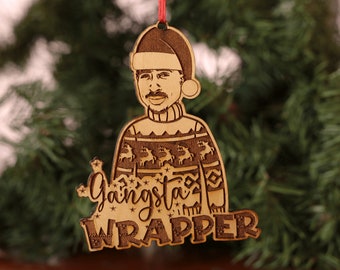 2PAC Tupac Christmas Ornament Gangsta Wrapper in a Santa hat and Ugly Christmas Sweater Laser Engraved Wooden Holiday Ornament