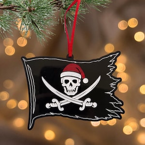 Laser Engraved Pirate Flag Ornament: Hand-Painted Acrylic Skull & Crossbones