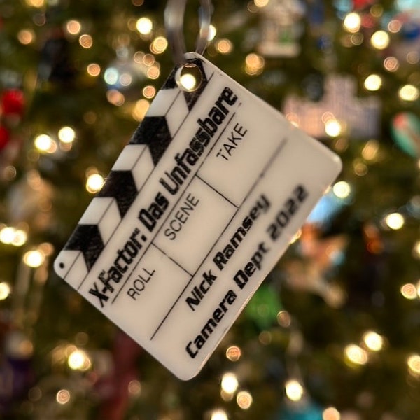 Personalized Movie Slate Christmas Ornament engraved in acrylic then hand painted.  Your Name, Position, and Production Great Set Wrap Gift