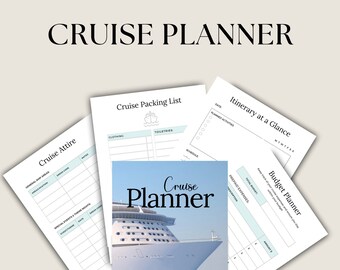 May include: A printable cruise planner with a white cruise ship on a blue ocean background. The planner includes sections for cruise attire, packing list, itinerary, and budget.