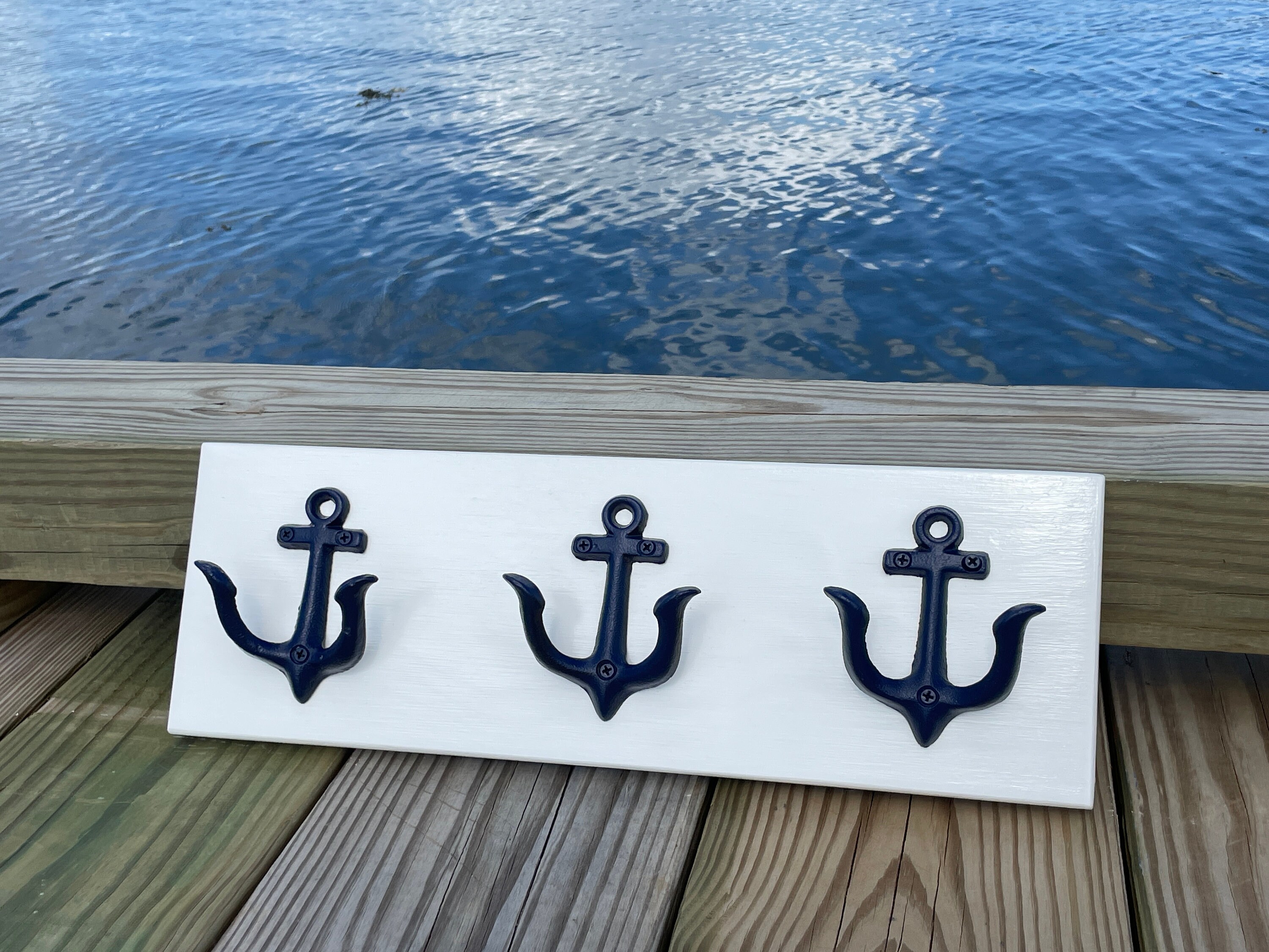 Handmade Nautical Towel, Coat Rack: White Pine With Blue Anchor Hooks ...