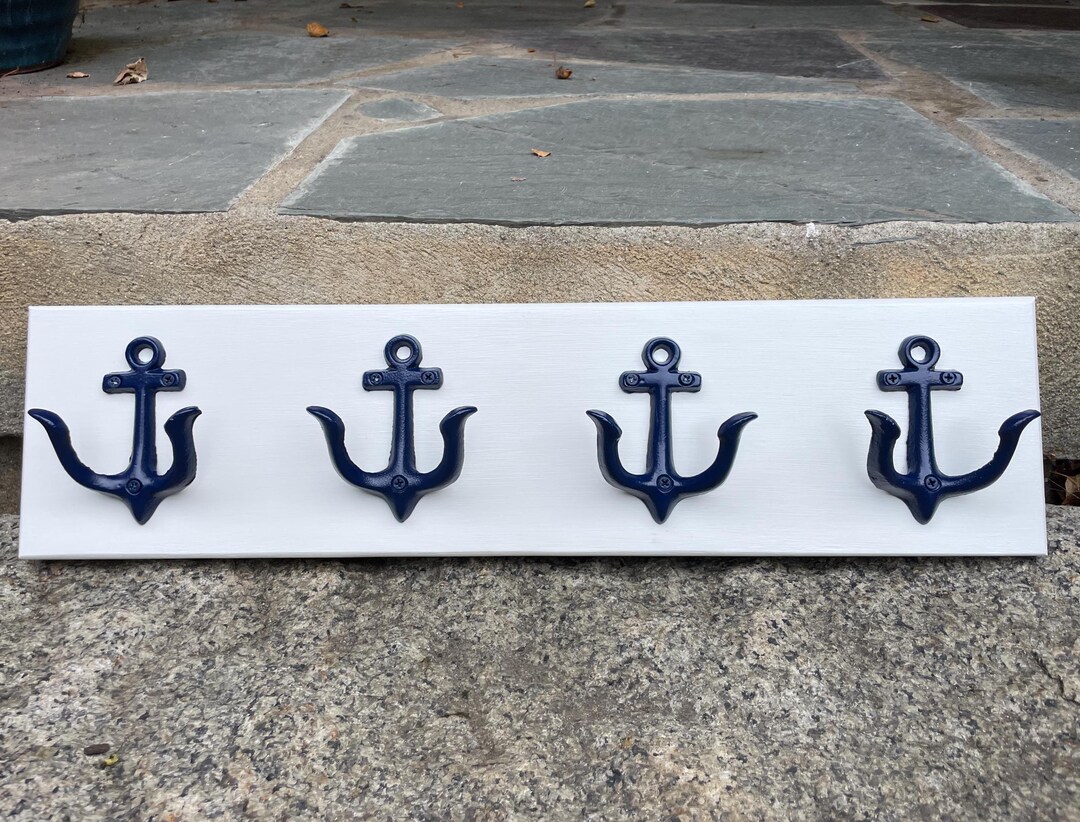 Handmade Nautical Towel, Coat Rack: White Pine With Blue Anchor Hooks ...