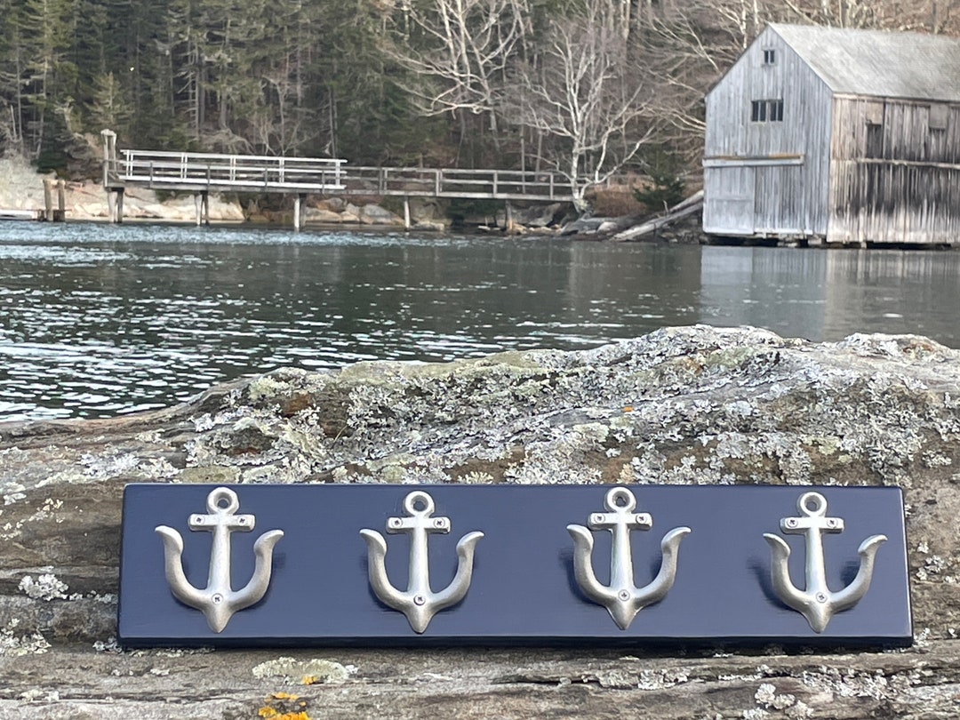 Anchor Towel Hooks; Nautical Towel Rack: Navy Blue; Beach House ...