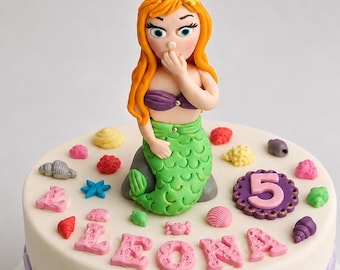 Edible Mermaid Tail Fondant Cake Topper – Seashells, Under the Sea Decorations (Customizable)
