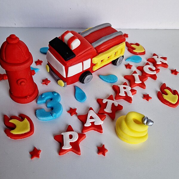 Décoration de gâteau comestible en forme de camion de pompier, décoration fondant pour fête d'anniversaire