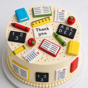 Könnte beinhalten: Ein runder Kuchen mit cremefarbener Glasur, verziert mit essbaren Dekorationen zum Thema Schule, darunter Bücher, ein gelbes Lineal, rote Äpfel, Buntstifte, schwarze Tafeln mit Zahlen oder Buchstaben und Papiere mit A+ Aufschrift.