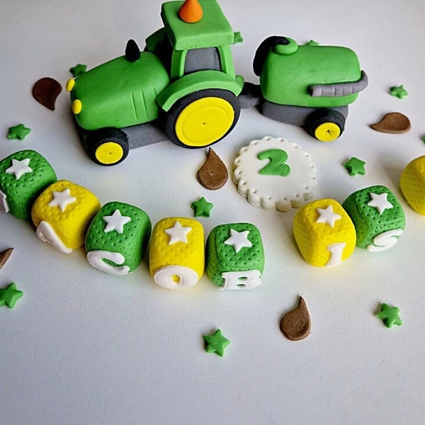 Décoration de gâteau comestible avec tracteur, remorque, boue, ferme, décoration d'anniversaire, ferme, garçon, fille