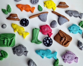 22 Edible fishing cake/cupcakes toppers,fish fondant icing decorations