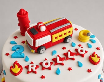 May include: A white round cake decorated with a red fondant fire truck, a red fire hydrant, and a yellow hose. The cake features a blue number two, red star-shaped fondant pieces with the white letters spelling ROLLO, and flame accents.