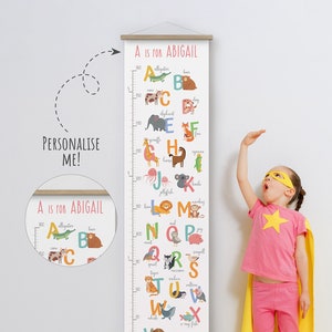 Personalised Alphabet Height Chart Custom Name Canvas Print Growth Measurement Educational Animals Birthday Gift Baby Shower New Baby Gift