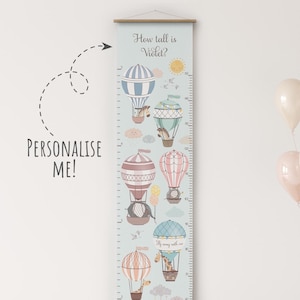 Personalised Height Chart Hot Air Balloons with Safari Jungle Animals – Elephant, Giraffe, Zebra, Custom Name Growth Chart, Birthday Gift