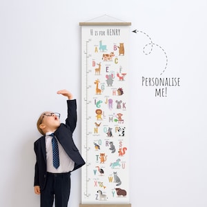 Personalised Alphabet Height Chart with Animals Custom Name Growth Measurement Canvas Print Kids Boy Girl Birthday Gift Educational