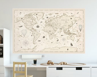 May include: A vintage-style world map wall decal in beige and brown tones. The map features continents, oceans, and various illustrations, including animals, ships, and hot air balloons. The map is labeled with continent names, including "Russia", "China", "Canada", "United States", "Brazil", and "Australia".