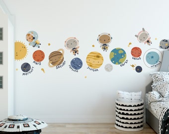 May include: A white wall with a solar system wall decal featuring planets, stars, and astronauts. The planets are labeled with their names: Mercury, Mars, Saturn, Neptune, Jupiter, Earth, Venus, and Uranus.