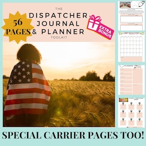 May include: A digital planner toolkit for dispatchers with 56 pages, including a calendar, planner, and goal tracker. The cover image features a person standing in a field with an American flag draped over their shoulders. The text "THE DISPATCHER JOURNAL & PLANNER TOOLKIT" is displayed in a pink and white box at the top of the image. The text "EXTRA BONUS" is displayed in a pink and white box with a gift icon.