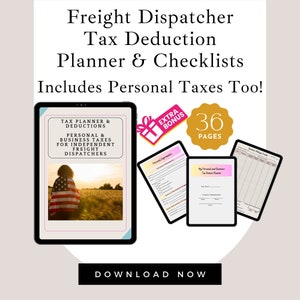 May include: A digital download for a tax planner and checklists for independent freight dispatchers. The cover features a woman standing in a field with an American flag. The text "Tax Planner & Deductions" is in a large font and the text "Personal & Business Taxes for Independent Freight Dispatchers" is in a smaller font. The text "Includes Personal Taxes Too!" is in a large font. The text "36 Pages" is in a circle with a gold background. The text "Extra Bonus" is in a pink rectangle with a white gift box icon.