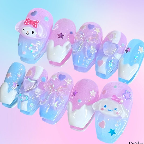 Sparkling Cream Soda | Cute Pink and Blue Sanrio Press On Nails | Kawaii My Melody and Cinnamon Roll Nails | Japanese Nails | FridayNailClub