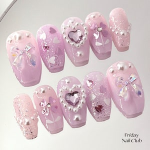 Sheer Love Kawaii Pink Press on Nails Cute Coquette Nails Girly Heart ...