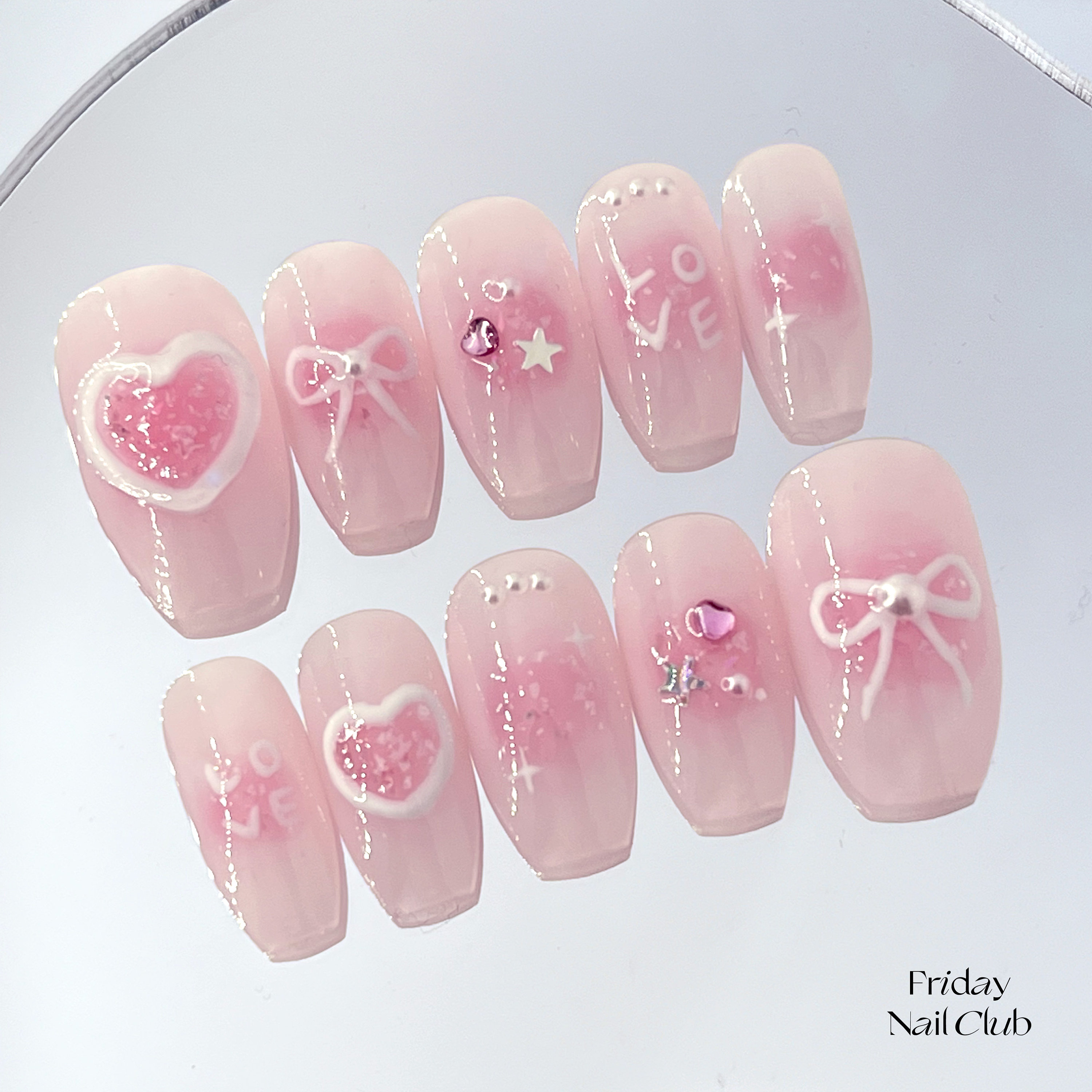 Pure Heart Light Pink Blush Press on Nails Cute Bow Nails Baby Pink Sparkle  Heart Nails Coquette Kawaii Y2k Nails Fridaynailclub 