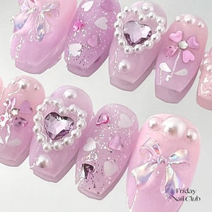 Sheer Love Kawaii Pink Press on Nails Cute Coquette Nails Girly Heart ...