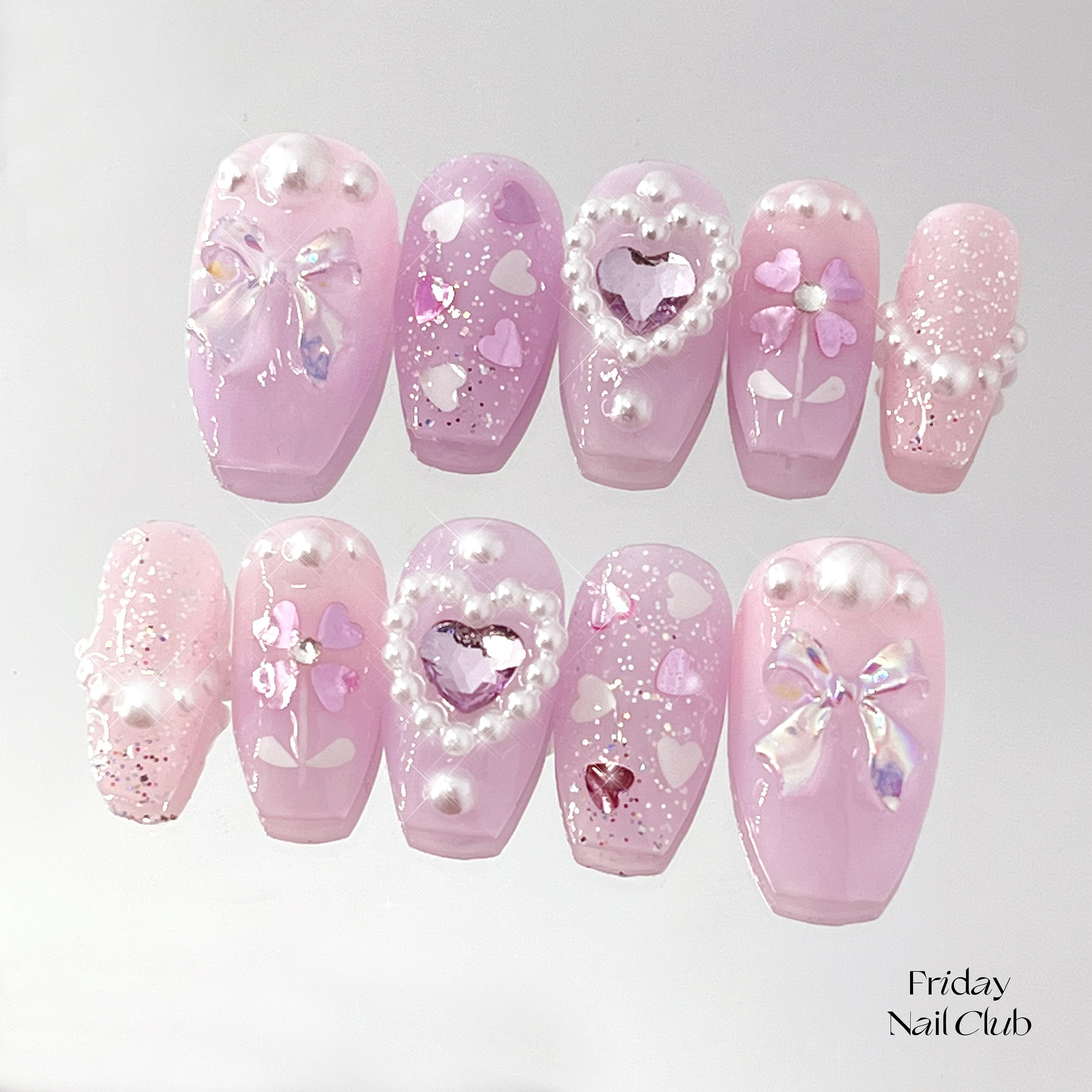  GlimightyX 3D Handmade Press On Nails Medium,Pink Gel Press On  Nails With Charms, Coquette Bow Pearl Coffin Press on Fake Nails Kit,  Reusable Luxury Glue Stick On Nails, Size M 10