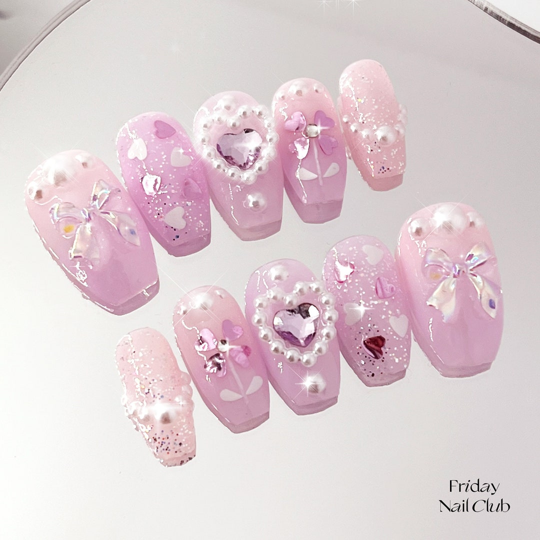 Sheer Love Kawaii Pink Press on Nails Cute Coquette Nails Girly Heart ...