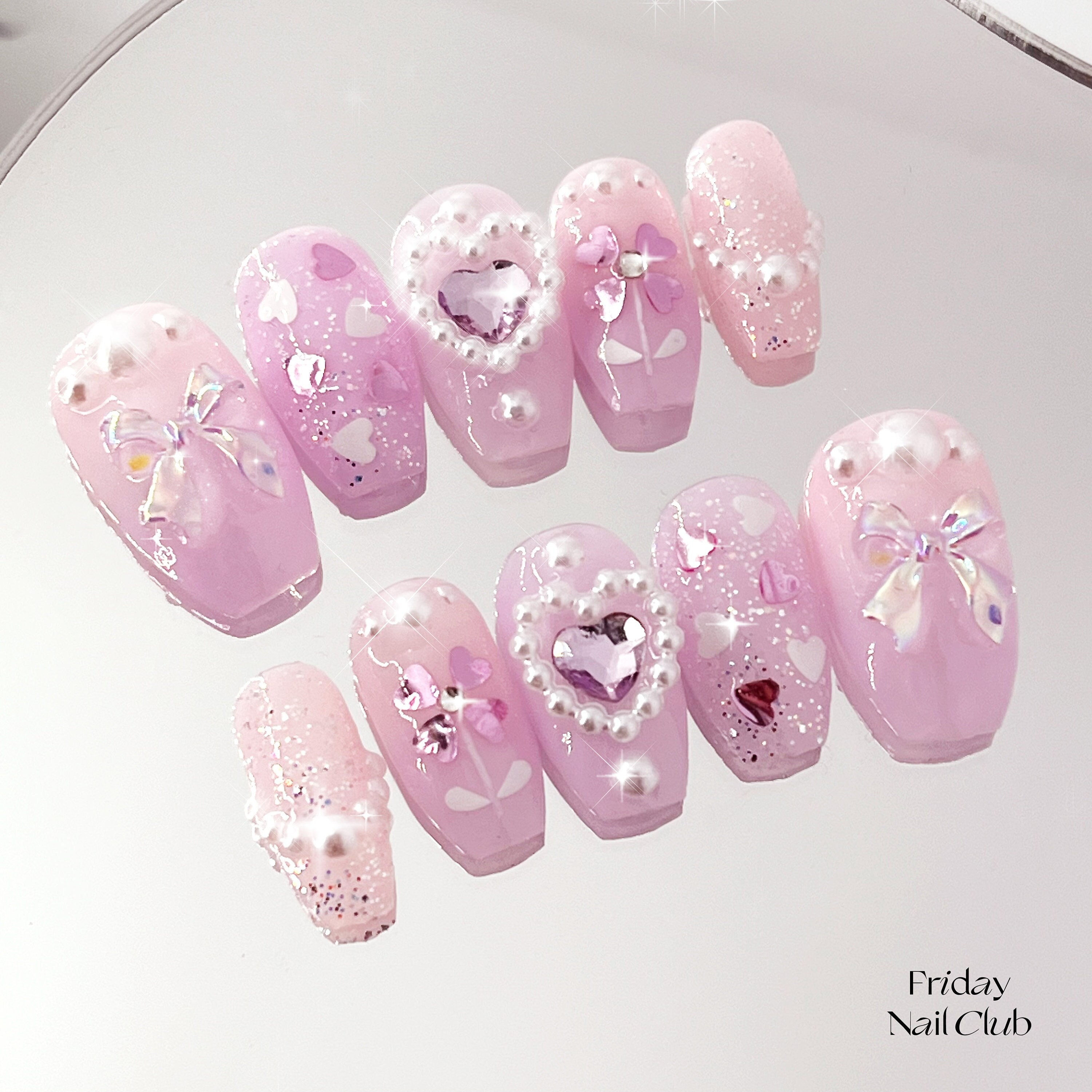 Sheer Love Kawaii Pink Press on Nails Cute Coquette Nails Girly Heart and  Pearl Nails Princess Gyaru Glitter Nails Fridaynailclub 