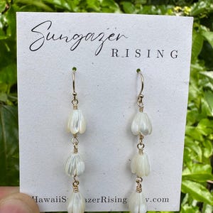 Pikake Earrings, Chain Linked, Mother of Pearl, Handmade, 14k Gold Filled | Jasmine Flower | Stamped | Gift | Made In Hawaii | ‘Ekolu Triple