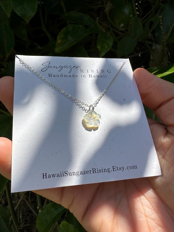 Hibiscus Flower Necklace, Sterling Silver Stamped 925 | Carved Mother of Pearl, Small Dainty Pendant 10mm | Handmade Gift Made In Hawaii