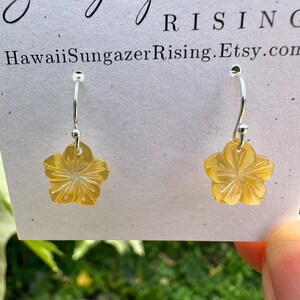 Golden Yellow Hibiscus Earrings, Carved Gold Lip South Sea Oyster Shell, 925 Sterling Silver, Stamped | Minimalist | Hawaii State Flower