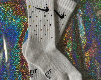 KIDS STARBURST GEM Socks |Xs| Nike everyday plus crew  socks|White custom Nike socks|rhinestone socks|Nike gym socks|Rainbow Gems|