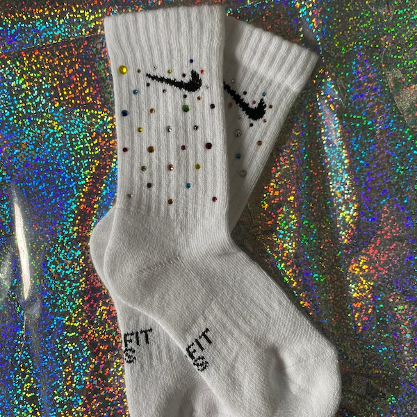 KIDS STARBURST GEM Socks |Xs| Nike everyday plus crew  socks|White custom Nike socks|rhinestone socks|Nike gym socks|Rainbow Gems|