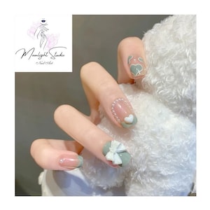24Pcs Picnic Green Square/Squoval Short Green French Tips Press on Nails/Stick on Nails/False Nails/Glue on Nails - Gift For Her