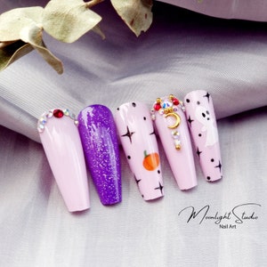 24 Pcs Halloween Moon Crescent Press on Nails/Festive Nails/Stick on Nails/False Nails/Glue on Nails/Full Cover/Orange - Gift For Her