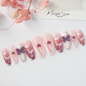 Bow & Pearls - 24Pcs Elegant Long Coffin/Ballerina Press on Nails/Festive Nails/Stick on Nails/False Nails/Glue on Nails- Gift For Her