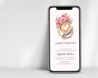 A Baby is Brewing Coffee Baby Shower Phone Invitation, Evite, digital invite, text invite, February Baby Shower, Heart Baby Shower