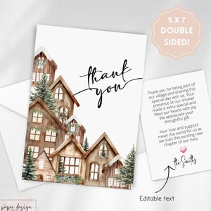 Carte de remerciement pour baby shower hiver, carte 5 x 7 modifiable, parfaite pour une baby shower sur le thème Il faut un village