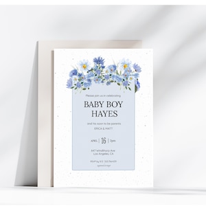 Dusty Blue Baby in Bloom  Blue Wildflower Baby Shower Invitation, Baby Boy Shower, Editable Digital Invite Template, Blue Floral Invite
