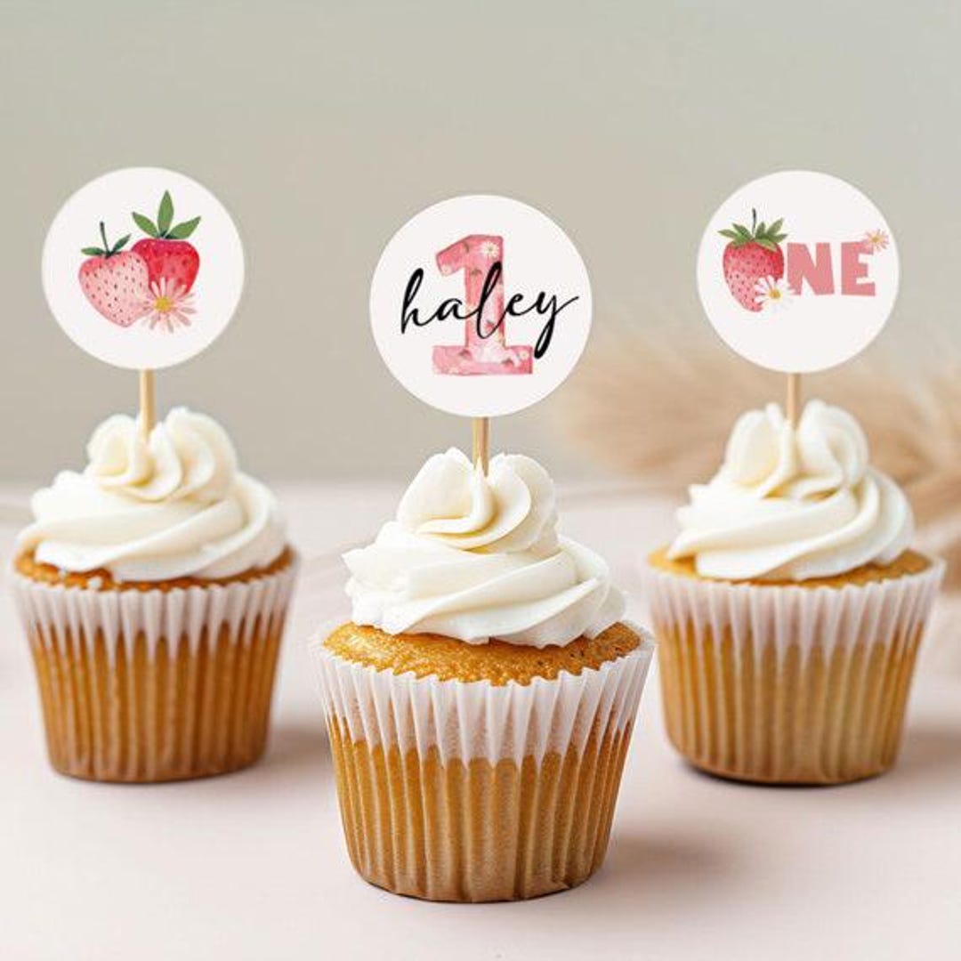 Berry First Birthday Cupcake Toppers: Strawberry Party Decor (digital ...