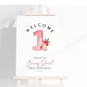 truskawkowy motyw urodzinowy znak powitalny, BERRY FIRST BIRTHDAY znak powitalny, truskawkowe urodziny, znak powitalny na imprezę, plakat powitalny 18 x 24