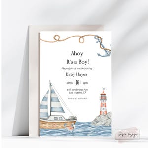 Nautical Baby Shower Invitation Boy, Ahoy It&#39;s a Boy Party Invite, Ocean Theme Baby Invite, Ship & Anchor Design, digital printable Invite