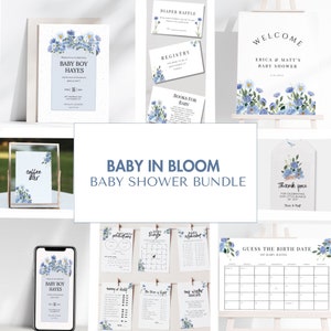 Dusty Blue Baby in bloom baby shower bundle, wildflower Baby Shower Bundle, floral shower bundle, Boy baby shower