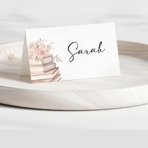 Marque-places pour le livre d'histoires Le début d'un nouveau chapitre Baby Shower Fête nuptiale ou fiançailles, cartes de visite modifiables, cartes de nourriture
