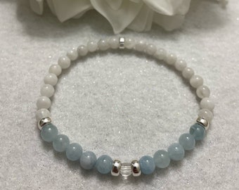 Aquamarine and Moonstone Semi Precious Stone Bracelet / Aquamarine / Moonstone / Sterling Silver / 6mm