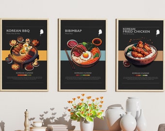 Set of 3 Minimalist Korean Food Poster Bundle Dark | Wall Art Decor | Digital Prints | Fried Chicken, Bibimbap, KBBQ | Art Illustration