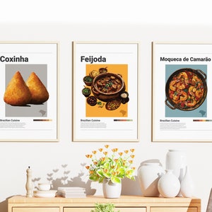 3er Set Minimalistisches BRASILIANISCHES FOOD-POSTER-Bundle | Wand Kunst Dekor | Digitale Drucke Poster Feijoda, Coxinha, Moqueca de Camarao