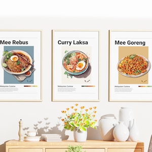 Minimalist Malaysian Food Poster Bundle | Wall Art Decor | Digital Prints Poster Illustration | Mee Rebus, Curry Laksa, Mee Goreng Noodles |