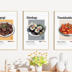 Conjunto de 3 pósteres minimalistas de comida coreana, decoración de pared, impresiones digitales, bulgogi, gimbap, tteokbokki, ilustración artística